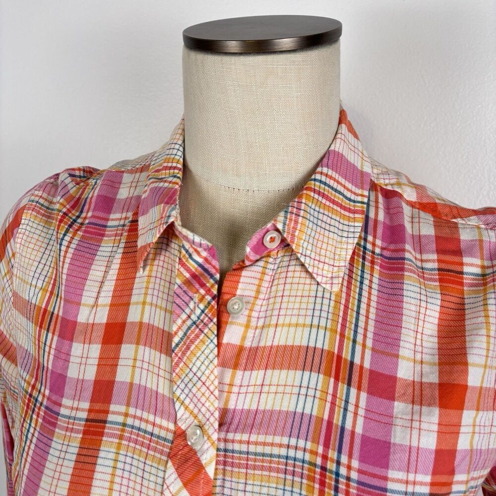 Talbots Cotton Rayon Button Front Shirt Womens Size MP Basket Plaid Orange White - Picture 4 of 7